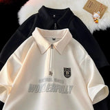 Aidase American Retro Waffle Polo Shirt for Men and Women with Personalized Letter Print Short Sleeved Trendy Loose Casual T-shirt aidase-shop