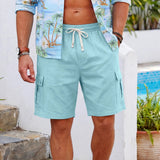 AIDASE  -  Men's Cotton Linen Cargo Shorts Elastic Waist With Drawstring 6 Pockets Summer Vacation Casual Men's Stretch Shorts aidase-shop