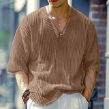 AIDASE  -  Men V Neck Half Sleeve Solid Color Ribbed Knitted Shirts aidase-shop