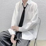 Aidase White Solid Shirts With Tie Men's Oversize Long Sleeve Casual Cardigan Fashion Spring Autumn Blouses Unisex Daily All-match Tops