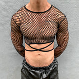 Aidase Streetwear Tie-up Crop Tops Mens Mesh Long Sleeve T Shirts Sexy Nightclub See Through Hollow Tops Fashion Transparent Slim Tees
