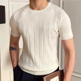 Aidase 2024 O-Neck Stretched Men's Tee Shirt Simple Solid Color Stripe Slim Knitted T Shirt Homme Streetwear Fashion Casual T-Shirt aidase-shop