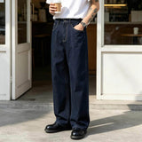 AIDASE  -  Men Dark Blue Solid Color Simple Wide Leg Denim Trousers American Vintage New Fashion Male Casual Trendy Jeans Pants Clothes