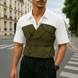 AIDASE  -  Men Shirt Patchwork Lapel Short Sleeve Lace Up Casual Men Clothing With Belt Streetwear 2025 Fashion Male Shirts Tops aidase-shop