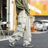 Aidase Men's Multi-pockets Cargo Pants Autumn Vintage Solid Color Hiphop Overalls Baggy Casual High Street Mopping Trousers