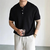 AIDASE  -  Men's Short Sleeve Henry Shirt Textured Knit Muscle Fit T-Shirt Summer Casual Button Up Tops For Men New Arrival Tees M-3XL aidase-shop