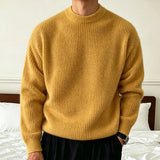 AIDASE  -  Men's Solid Color Knitwear Sweater Spring Autumn Casual Fashion Ribbed Texture Long Sleeve Loose Crew Neck Knit Pullover Sweater aidase-shop