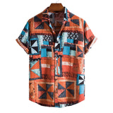 AIDASE  -  Roll-Up Sleeves Men'S Shirt With Pocket Casual Men'S Loose Lapel Print Color Contrast Ethnic Short Sleeve Roupas Masculinas aidase-shop