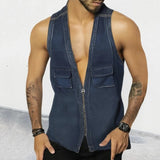 Aidase Vintage Patchwork Jean Tank Tops Men Slim Fit Sleeveless Denim V-neck zipper Shirts Summer Fashion Sexy Vest Male Streetwear aidase-shop