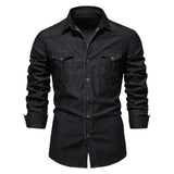 AIDASE  -  Spring Autumn Vintage Solid Men Washed Denim Shirt Causal Full Sleeve Turn Down Collar Single Breasted Multi Pockets Shirts Man aidase-shop