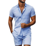 AIDASE  -  Summer Leisure Solid Color Shirts And Shorts Men Outfits Fashion Short Sleeve Two Piece Sets Seaside New Casual Mens Linen Suits aidase-shop