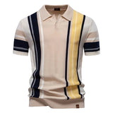 AIDASE  -  Spring Summer New Casual Mens Slim Polo Shirts Vintage Buttoned Lapel Short Sleeve Knit Polos Men Clothes Stylish Striped Polos aidase-shop