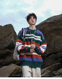 AIDASE  -  Winter Men's Retro O-neck Sweater with Contrasting Stripes Casual Loose Pullover Sweater for Teenagers Preppy Striped Cardigan aidase-shop