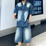 AIDASE  -  Fashion Men's Denim Suit 2025 Summer New Stylish Short Sleeve Lapel Shirt Trend Straight-leg Shorts Loose Men Suit 21E6404 aidase-shop