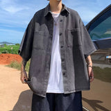 AIDASE  -  Men's Denim Short Sleeve Shirt Summer Korean Style Trendy Loose Cardigan Lapel Single Breasted Casual Male Tops