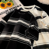 AIDASE  -  Color Blocking Striped T-shirt Men's Heavyweight Cotton Short Sleeved Tee Loose O-neck Base Shirt Summer American Couple Tops aidase-shop