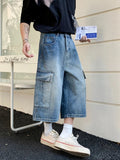 AIDASE  -  Men Retro American Style Washed Denim 3/4 Pants Loose Multi-Pocket Wide Leg Thin Casual Streetwear Summer Fashion Short Jeans aidase-shop