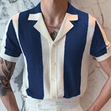 Aidase Luxury Men Knit Shirt Striped Contrast Color Jacquard Knitted Tops Men Cardigans Summer Short Sleeve Buttoned Lapel Slim Shirts