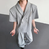 AIDASE  -  Simple Men's Two-piece Shawl Collar Short Sleeved Shoulder Pads Short Sleeved T-shirts Drawstring Loose Male Pants 9W3272 aidase-shop