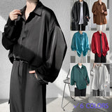 AIDASE  -  Korean Fashion Men's Satin Luxury Dress Shirt Loose Silk Casual Dance Party Long Sleeve Wrinkle Free Tuxedo Shirt aidase-shop