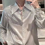 AIDASE  -  Summer Thin Korean Smooth Shirts Men Clothing Solid Lapel Single Breasted Streetwear Fashion Loose Long Sleeve Tops aidase-shop