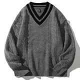 Aidase V-neck Section Men's Knitted Sweater Ribbed Hem Fashion Splicing Pullover Korean Loose Autumn Knit Sweater aidase-shop