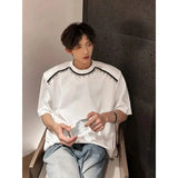 AIDASE  -  Men's White Crew Neck T-Shirt with Black Fringe Detail Casual Loose Fit Short Sleeve Top aidase-shop