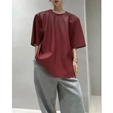 Aidase Large Size Leather Shirt Spring PU Leather Jacket High-end Feeling Short Sleeved Top Temperament Loose Fit Unisex  Grunge Tees aidase-shop