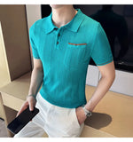 Aidase Summer ice silk dark stripe knitted lapel short sleeve men's T-shirt Slim hollow polo shirt Green ,polo Golf Shirt aidase-shop