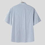 AIDASE  -  Men Shirt Striped Patchwork Lapel Short Sleeve Button Men Clothing Streetwear Korean Style Loose Fashion Casual Tops Men aidase-shop