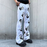 AIDASE  -  Men Palm Print Jeans White Denim Boot Cut Pants Fashion Flared Trousers with Chain aidase-shop