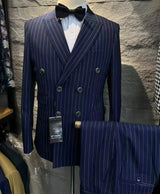 Aidase Grey Striped Mens Suits Double Breasted for Wedding Custom Made for Man Costume Groom 2-Pieces Tuxedos Best Man Blazer Pants - Blue / 46 S