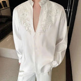 AIDASE  -  Pearl Flower Design Men's Shirts Stand Collar Diamond Solid Color Long Sleeve Cloth Loose Covered Button Male Tops aidase-shop