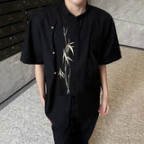 AIDASE  -  New Chinese Style Shirt Men Wear Bamboo Leaf Pattern Embroidery Short Sleeve Shoulder Pad Male Shirts Loose Fit 9W3086 aidase-shop