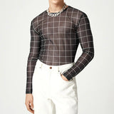 Aidase Plaid Print Mesh T Shirts Men Slim Fit Long Seeve O-neck Tee Tops Summer Casual Mens Perspective Tight T-shirt Streetwear