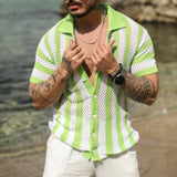 Aidase Knitted Shirts Men Fashion Hollow Out Breathable Beach Cardigan Shirt Short Sleeve Men Summer Button Lapel Casual Knit Shirts aidase-shop