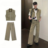 AIDASE  -  Korean tracksuits Old and Destructive Workwear Shoulder Pad Vest + American High Street Fashion Trendy Jeans Aesthetic Urban