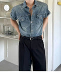 AIDASE  -  Summer New Men's Tide Korean Stylish Elegant Fashion Washed Denim Shirt Chic Casual Short Sleeve Vintage Shirts Tops aidase-shop