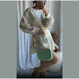 AIDASE  -  Printed Lace Patchwork Chiffon Waist Mini Dress Women Elegant Round Neck Long Sleeve Bodycon Short Dresses 2025 New Summer Robe aidase-shop