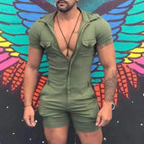 Aidase Fashion Mens Jumpsuit Shirts Overalls Casual Beach Catsuit Vintage Zipper Short-sleeved Shorts Bodysuit Sports Uniform Playsuit