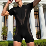 AIDASE  -  Men Bodysuits Mesh Patchwork Zipper Lapel Short Sleeve Male Rompers Playsuits Sexy See Through Fashion Bodysuit S-3XL