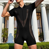 AIDASE  -  Men Bodysuits Mesh Patchwork Zipper Lapel Short Sleeve Male Rompers Playsuits Sexy See Through Fashion Bodysuit S-3XL aidase-shop