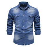 AIDASE  -  Spring Autumn Vintage Solid Men Washed Denim Shirt Causal Full Sleeve Turn Down Collar Single Breasted Multi Pockets Shirts Man aidase-shop