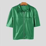 AIDASE  -  Solid Color Men Shirt Faux PU Leather Lapel Short Sleee Men Clothing Zipper Summer Streetwear Fashion Casual Camisa aidase-shop