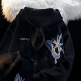 Aidase American Retro Embroidered Butterfly Cardigan Zipper Thin Jacket Men Women Loose Lazy Style Hooded Plus Velvet Trendy Sweatshirt aidase-shop