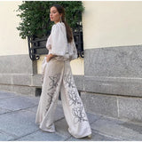 AIDASE  -  Solid Cotton Linen Printed Wide Leg Pants Set Women Casual Daily Bubble Sleeve Shirt Two Piece Suit 2025 New Summer Street Wear aidase-shop