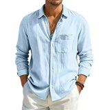 AIDASE  -  Men's Linen Texture Long Sleeve Shirt Light Blue Casual Button Down Shirts with Pocket Summer Old Money Style Breathable Tops aidase-shop