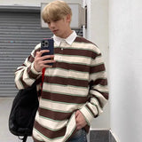 AIDASE  -  American Patchwork Contrasting Polo Shirt Men's Loose Spring Autumn Korean Casual Versatile Retro Striped Long Sleeved T-shirt aidase-shop