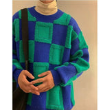 Winter Korean Fashion Mens Pullovers Checkerboard Plaid Sweater Thick Warm Cashmere Sweater Men Luxury Patchwork Pull Homme aidase-shop