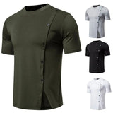 AIDASE  -  Men's Casual and Fashionable Short Sleeved T-shirt with Button Decoration on The Hem, Split Round Neck Short Sleeved T-shirt aidase-shop